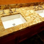 Bathroom vanity granite counter with two rectangular sinks